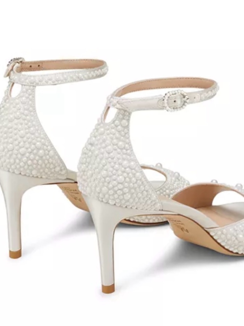 Stuart Weitzman Women's Bliss 75 Sandals Pearl-Embellished White Ankle-Strap Sz9 - Picture 4 of 13